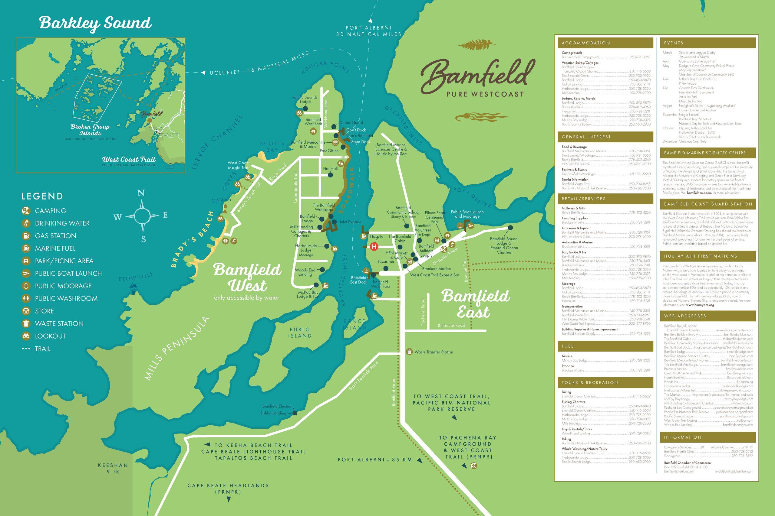 Map of Bamfield, BC showing Bamfield East and West, local businesses, services, accommodations and points of interest.